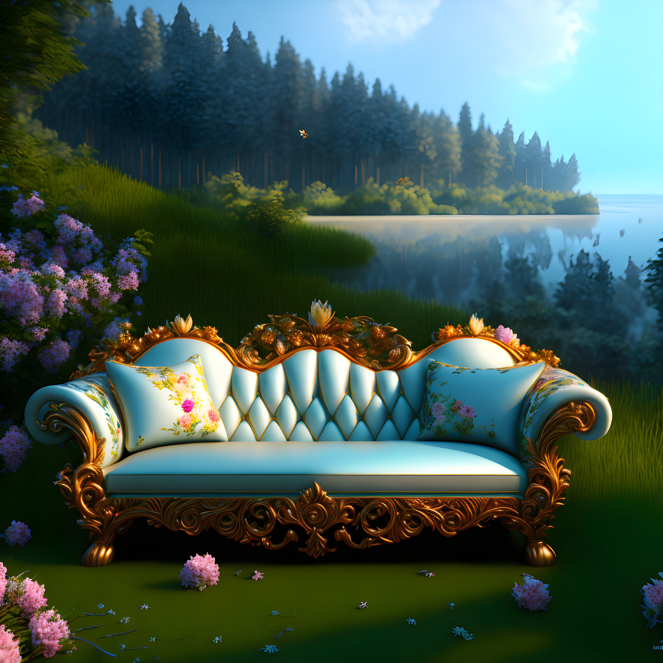 Vintage Ornate Sofa with Floral Patterns in Surreal Outdoor Setting