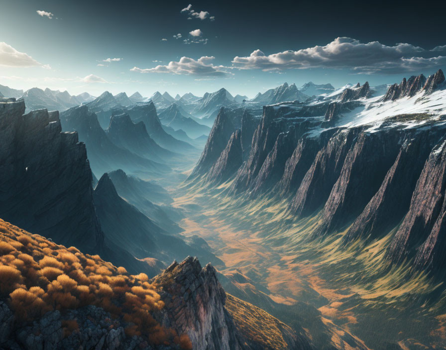 Scenic mountain landscape with cliffs, golden valley, and snowy peaks