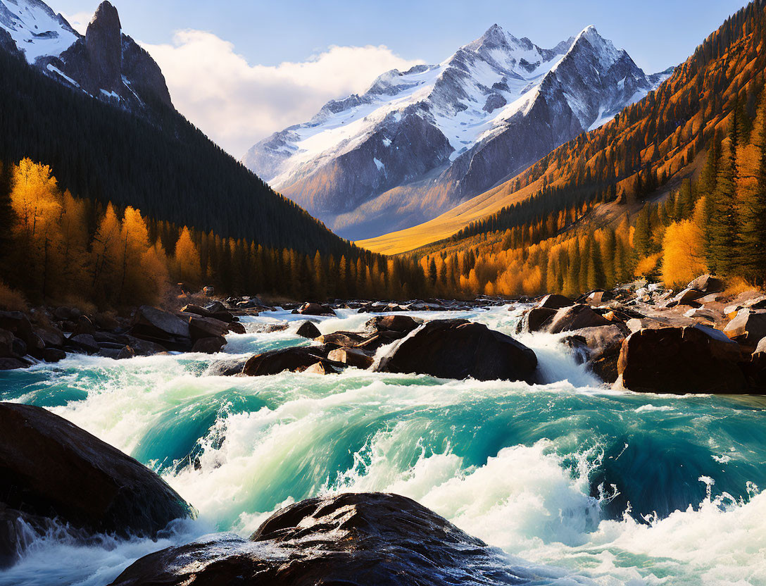 Scenic mountain landscape with river, trees, and snow-capped peaks