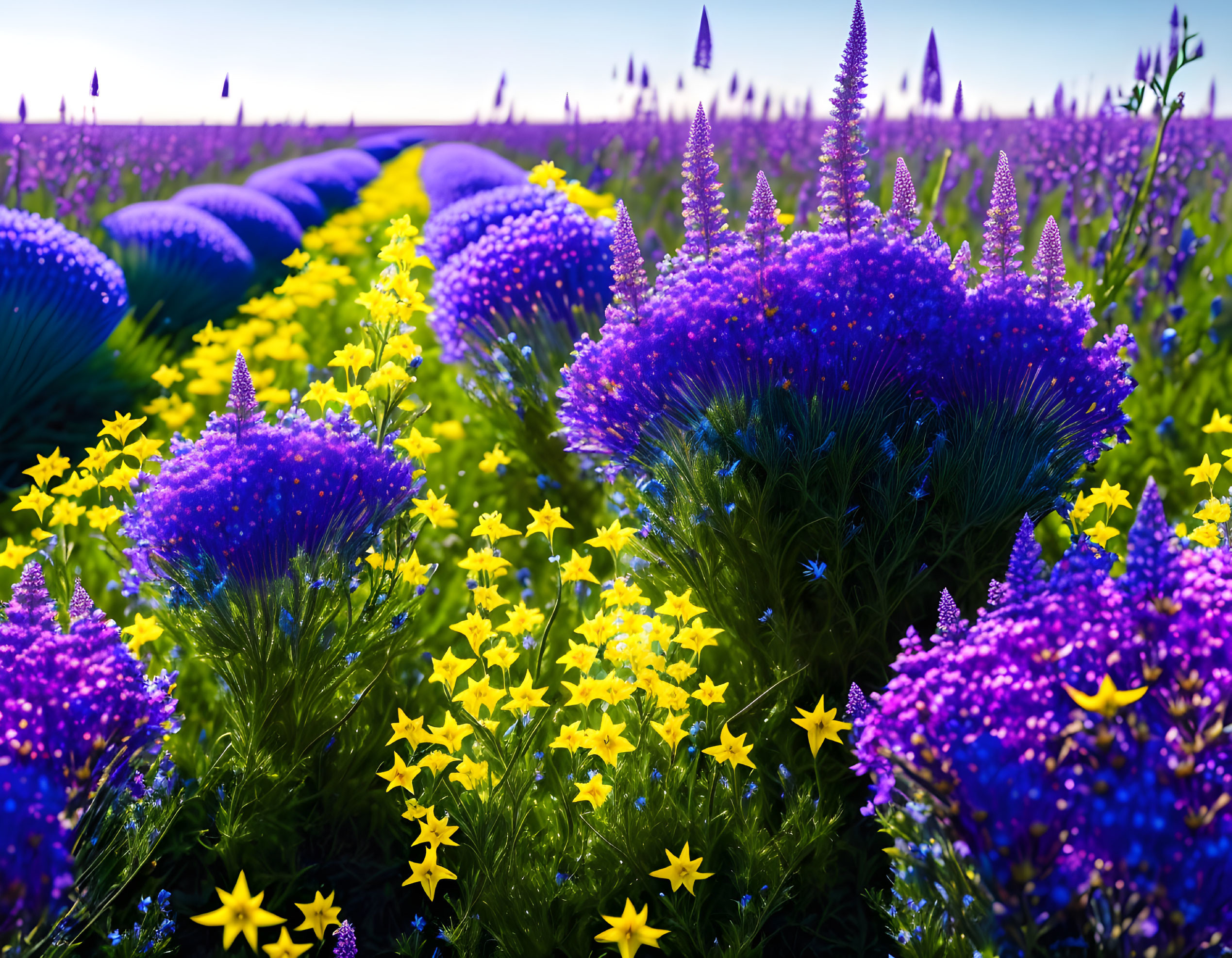 Colorful Purple and Blue Flower Field with Yellow Star-Shaped Blossoms