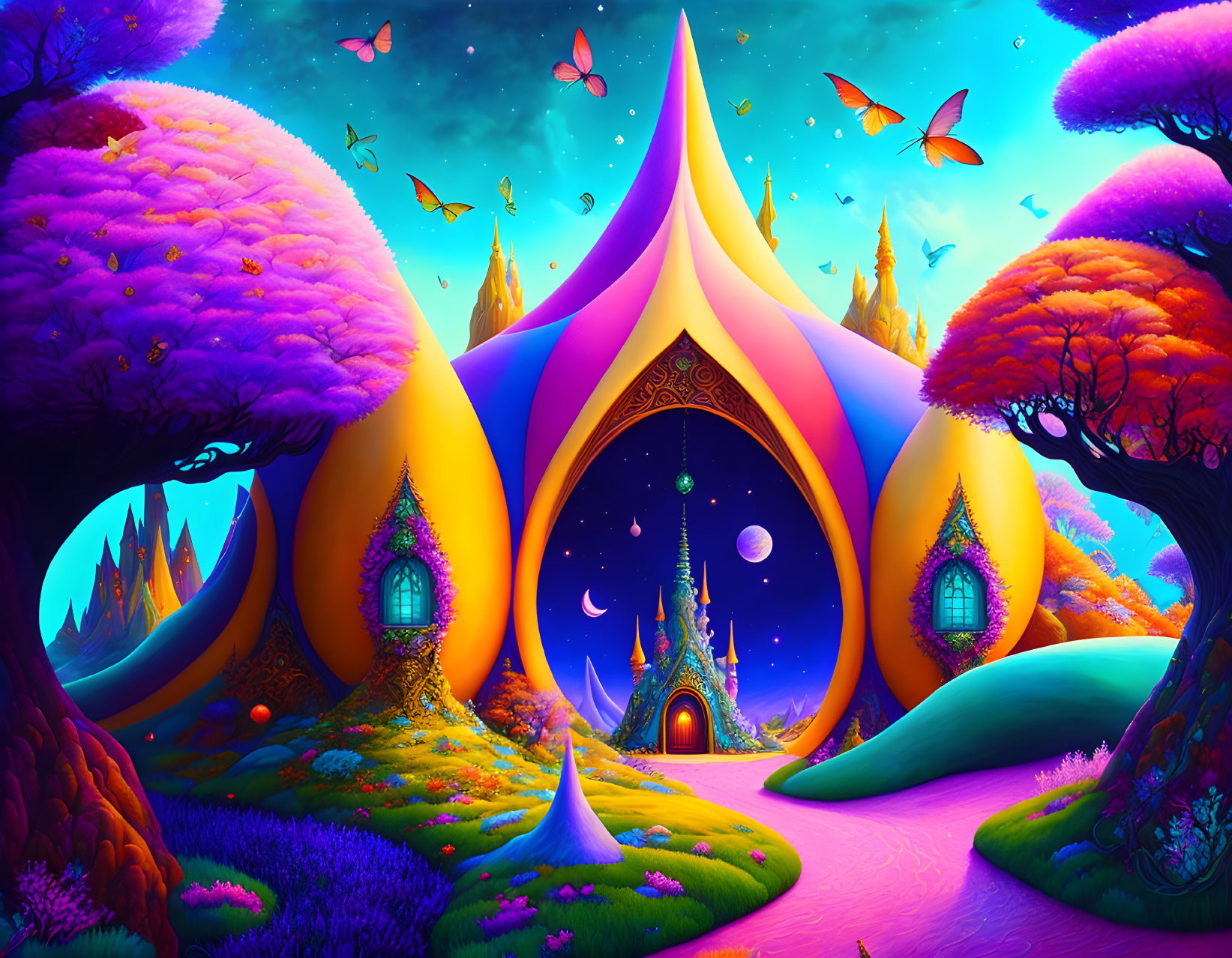 Fantasy landscape with purple and orange foliage, whimsical trees, butterflies, and majestic tent under star