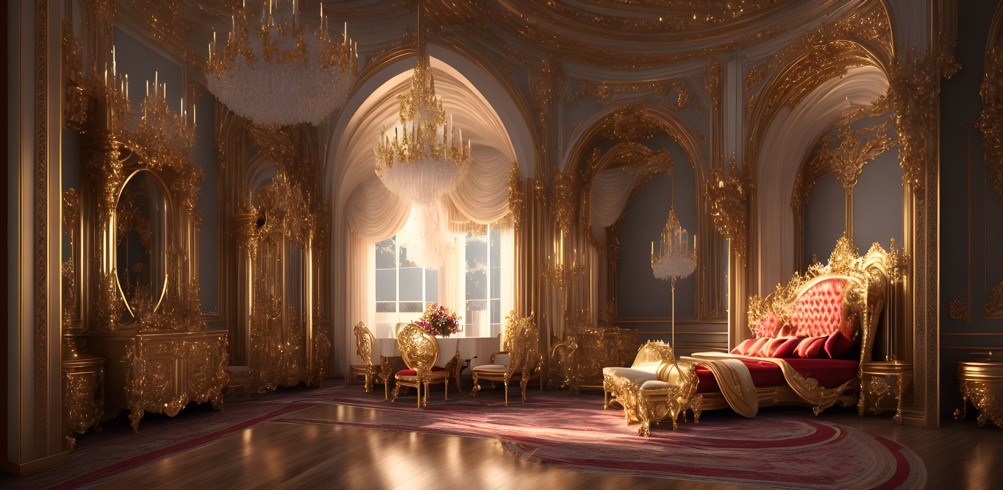 Luxurious Golden Room with Chandeliers and Red Chaise Lounge