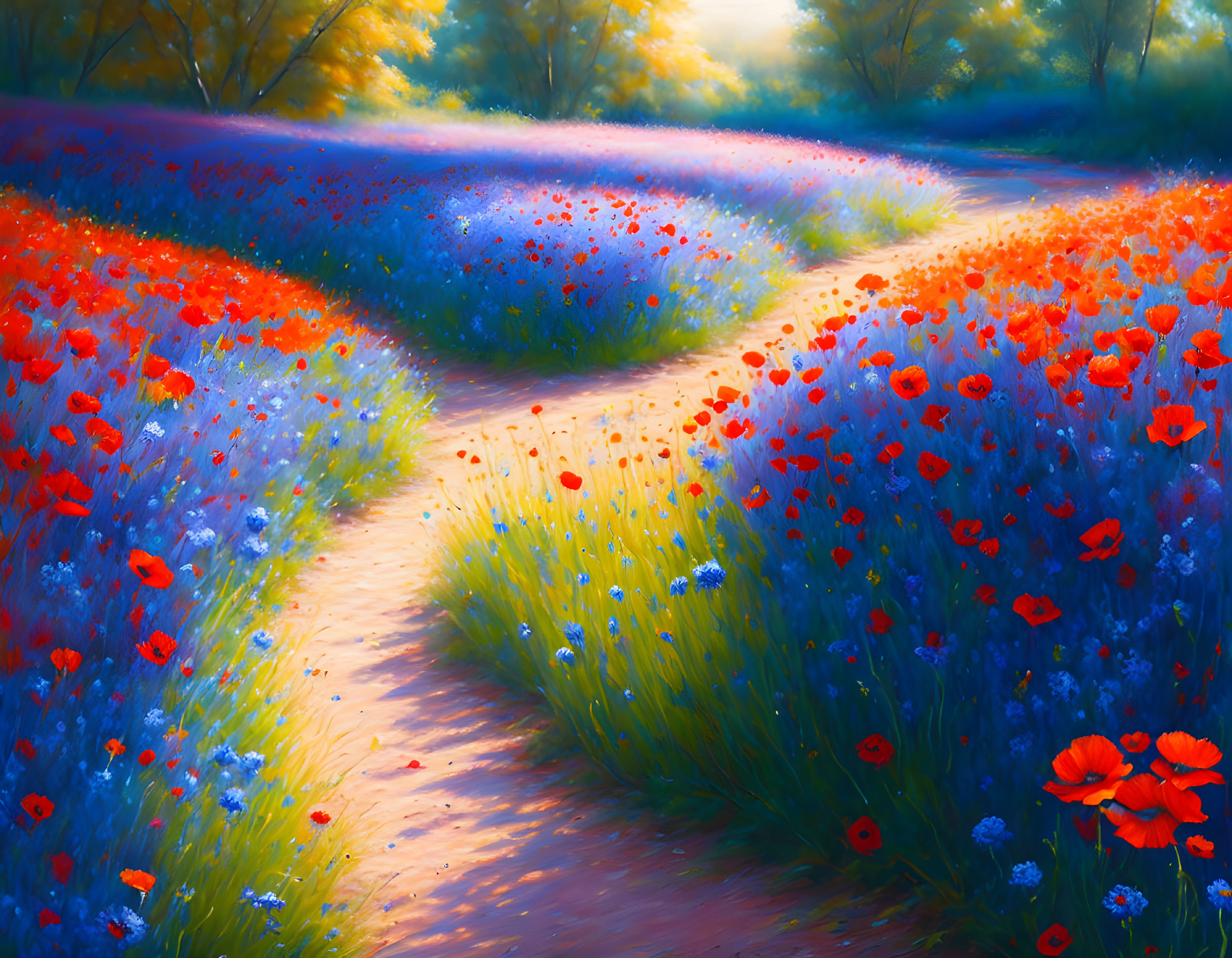 Scenic winding path through vibrant poppy and blue flower field