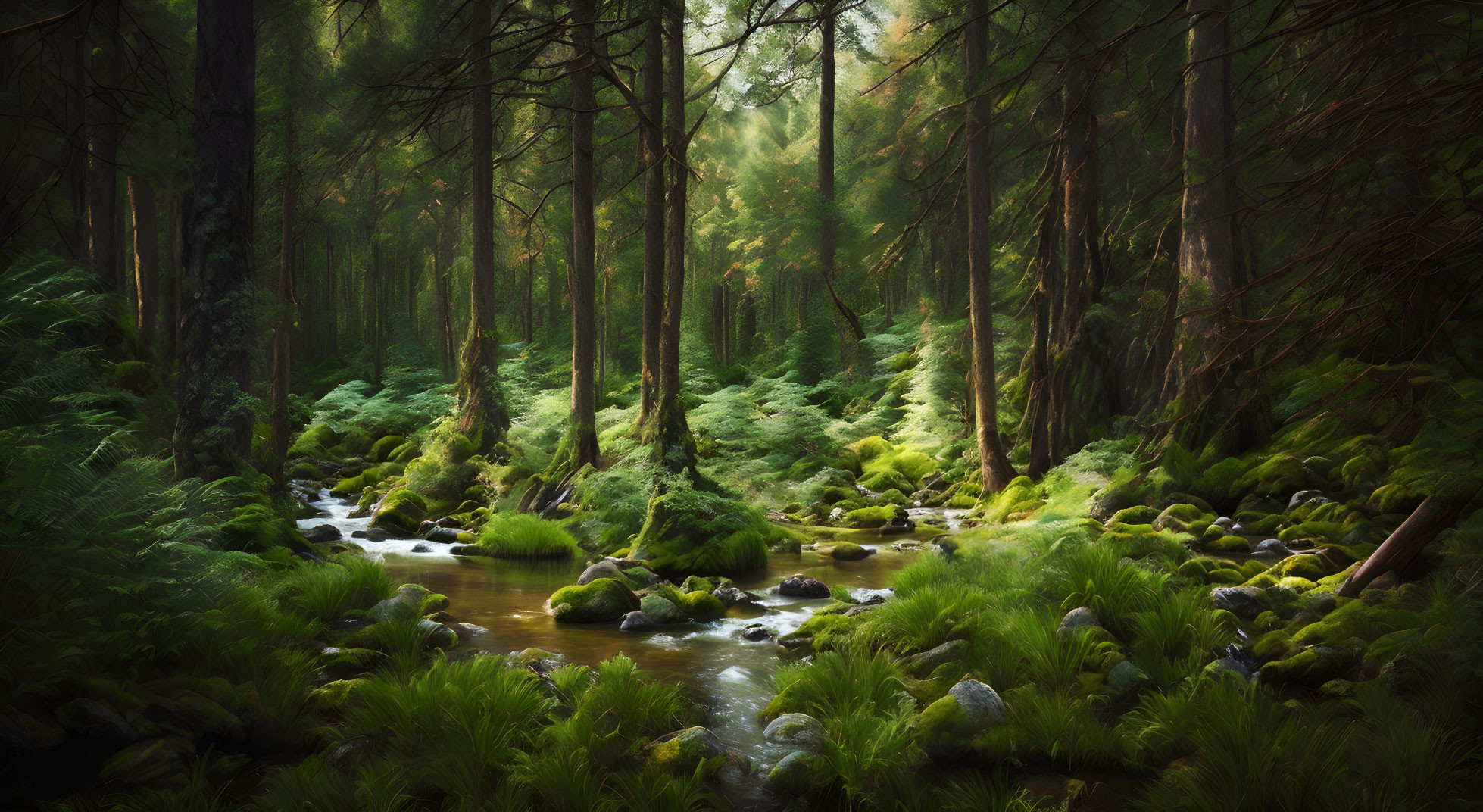 Tranquil Forest Scene with Stream and Moss-Covered Rocks