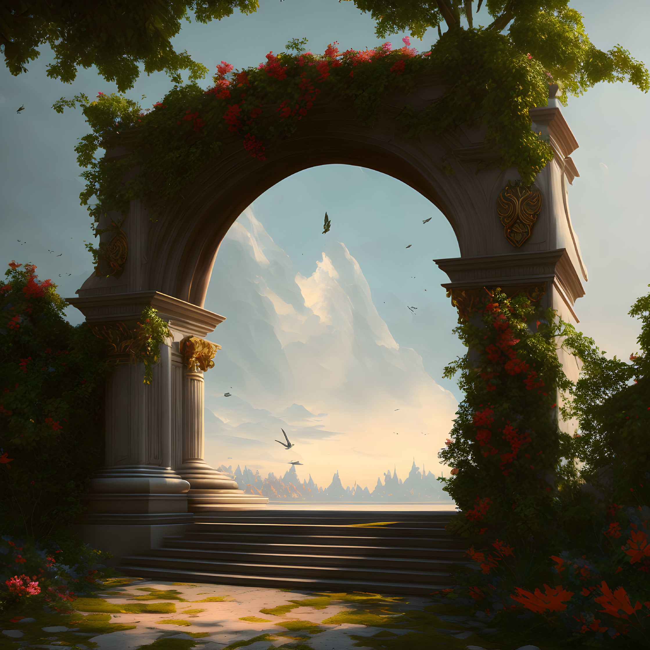 Stone archway with red flowers in serene landscape with distant mountains and birds in flight