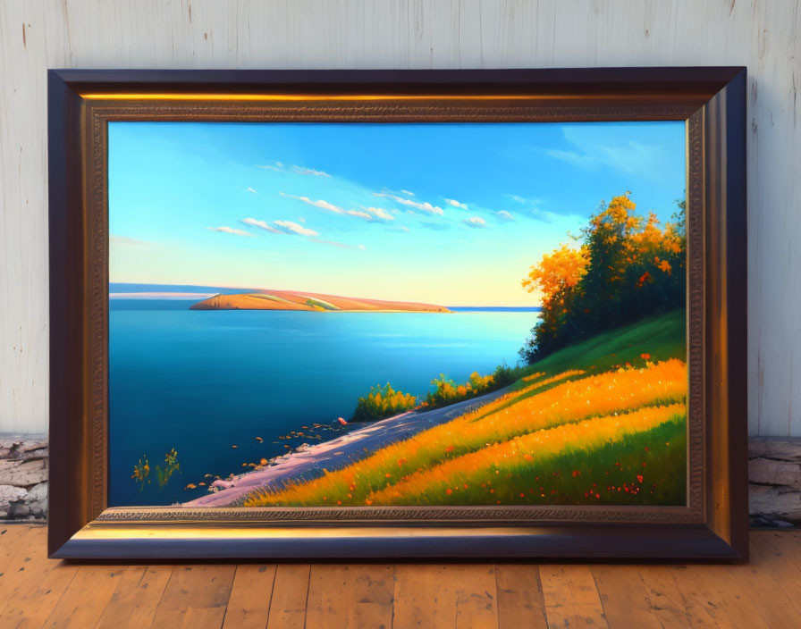 Colorful coastal landscape painting with blue sky, island, and orange flowers on wooden floor.