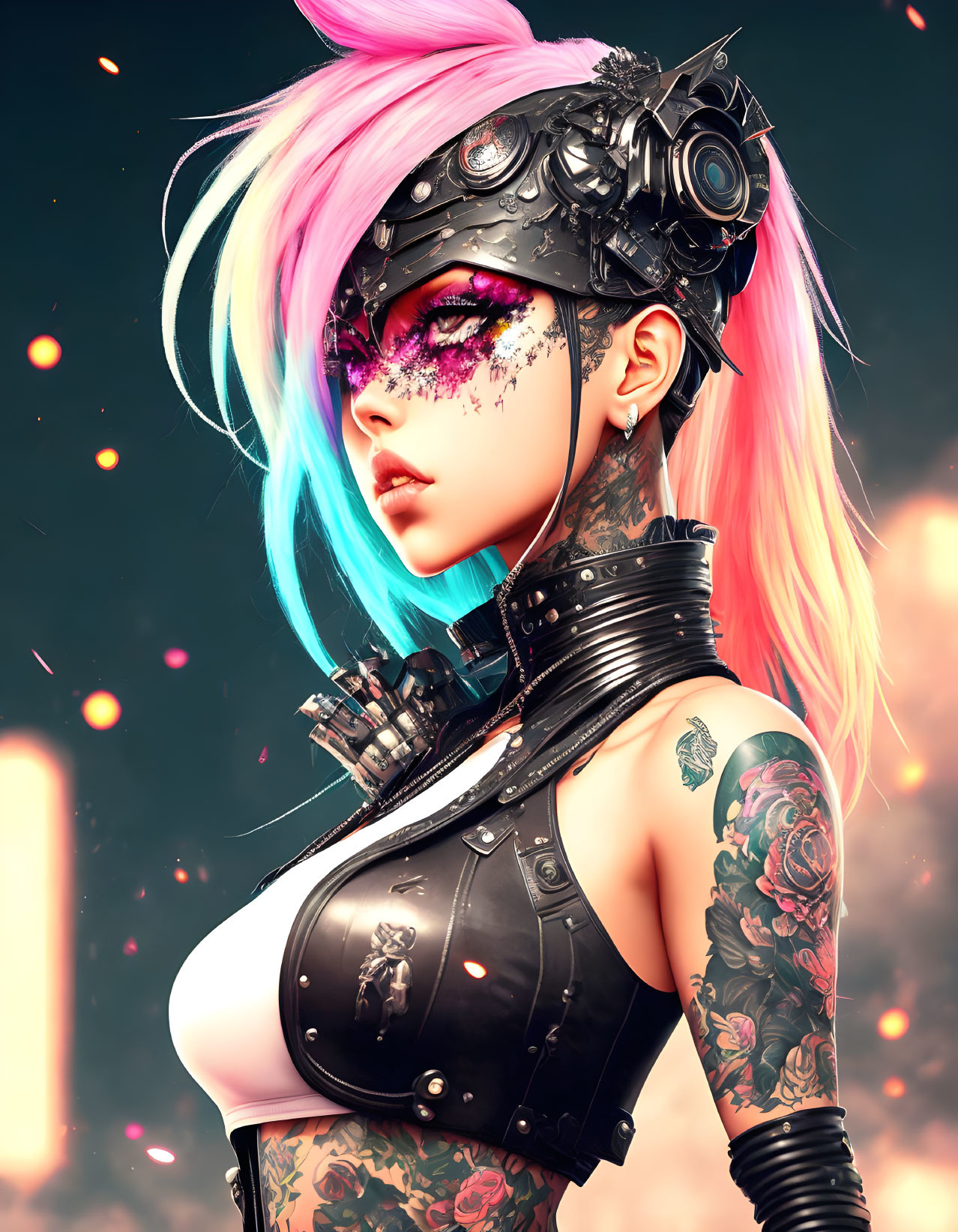 Futuristic woman with pink and blue hair in cybernetic gear and armor on orange backdrop