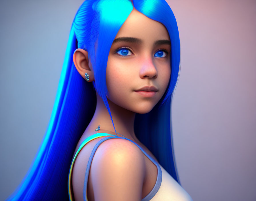 Vibrant blue-haired girl in tank top on blue background