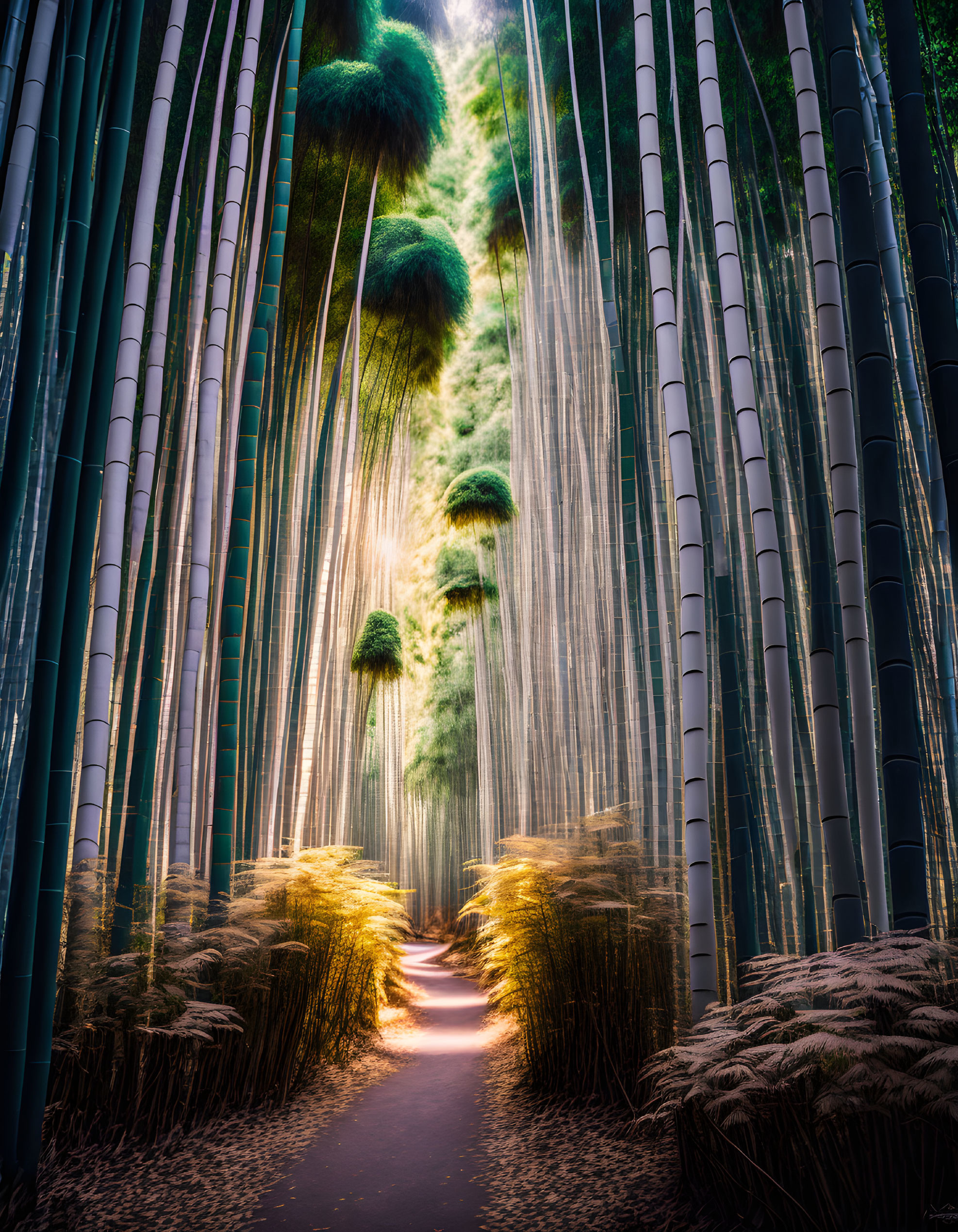 Tranquil bamboo forest path with sunlight filtering through dense foliage