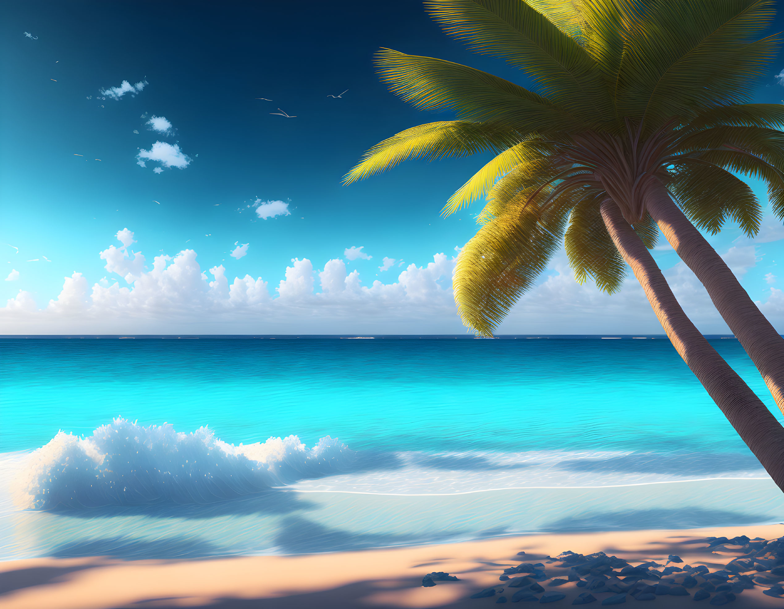 Tropical Beach Scene with Palm Tree and Turquoise Water