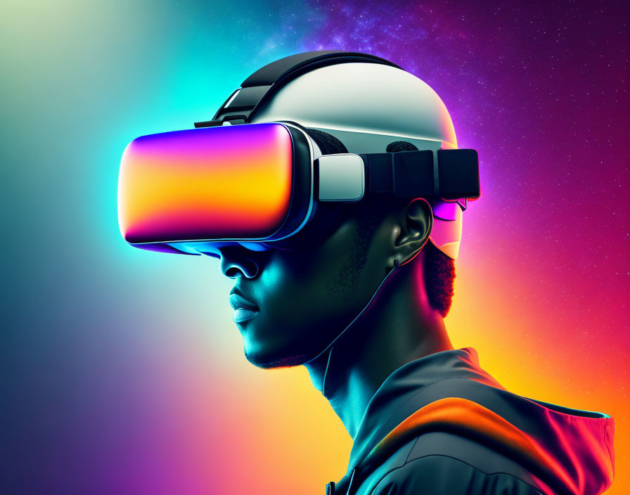 Person in Virtual Reality Headset Amid Colorful Nebula Background