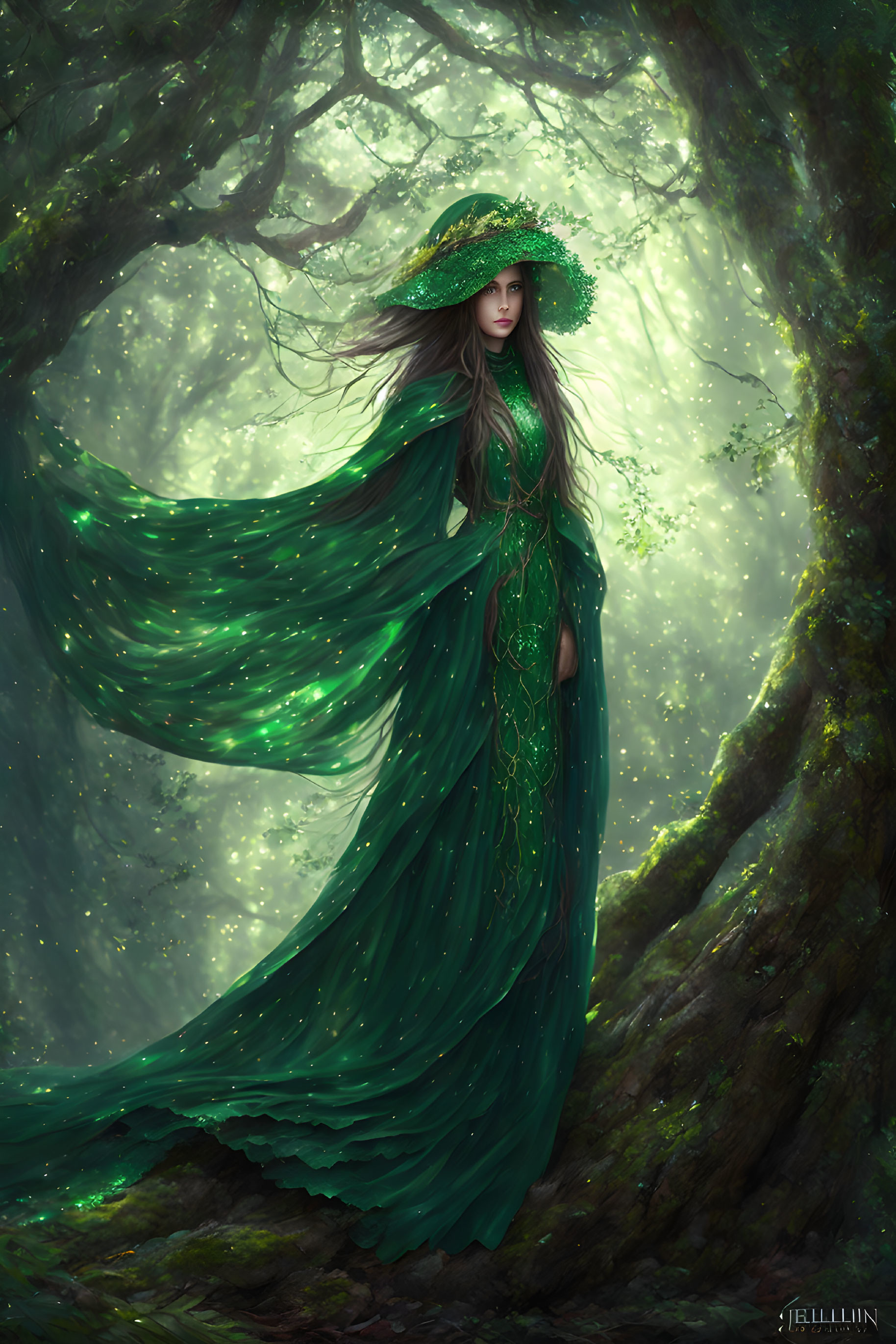 Mystical woman in green gown in enchanted forest