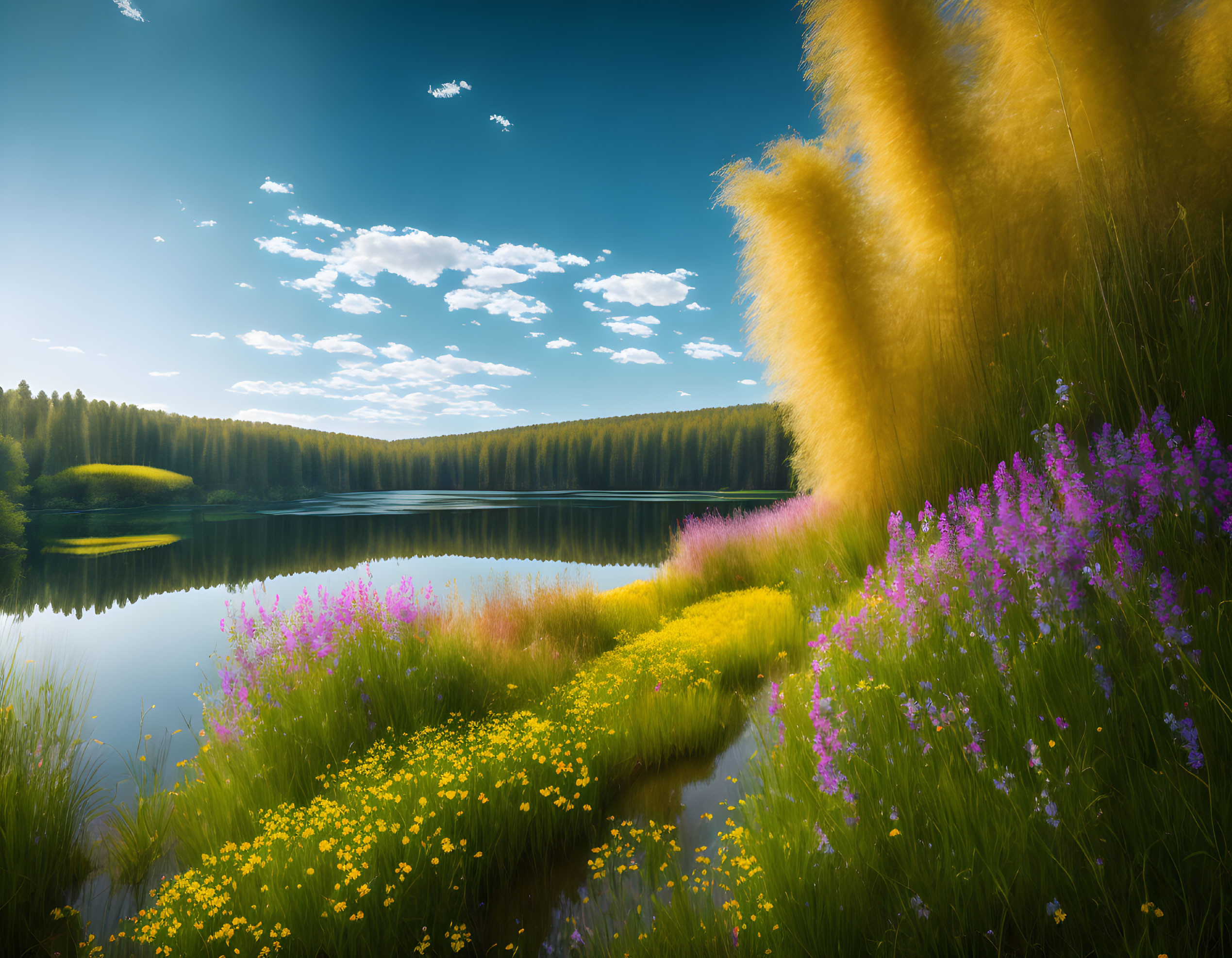 Tranquil lake in forest setting under blue sky with wildflowers