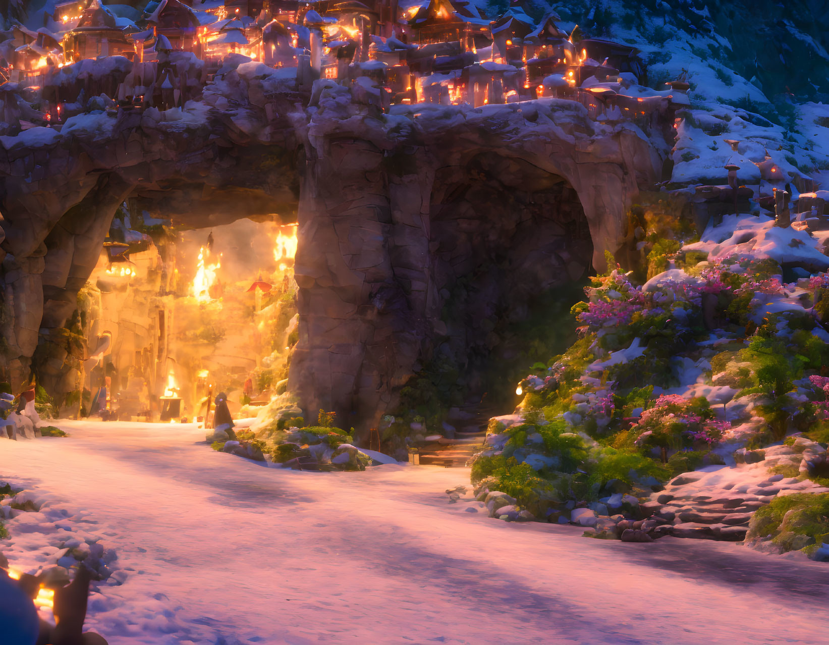 Snow-covered path to bustling village in cave with vibrant flora and cascading lights