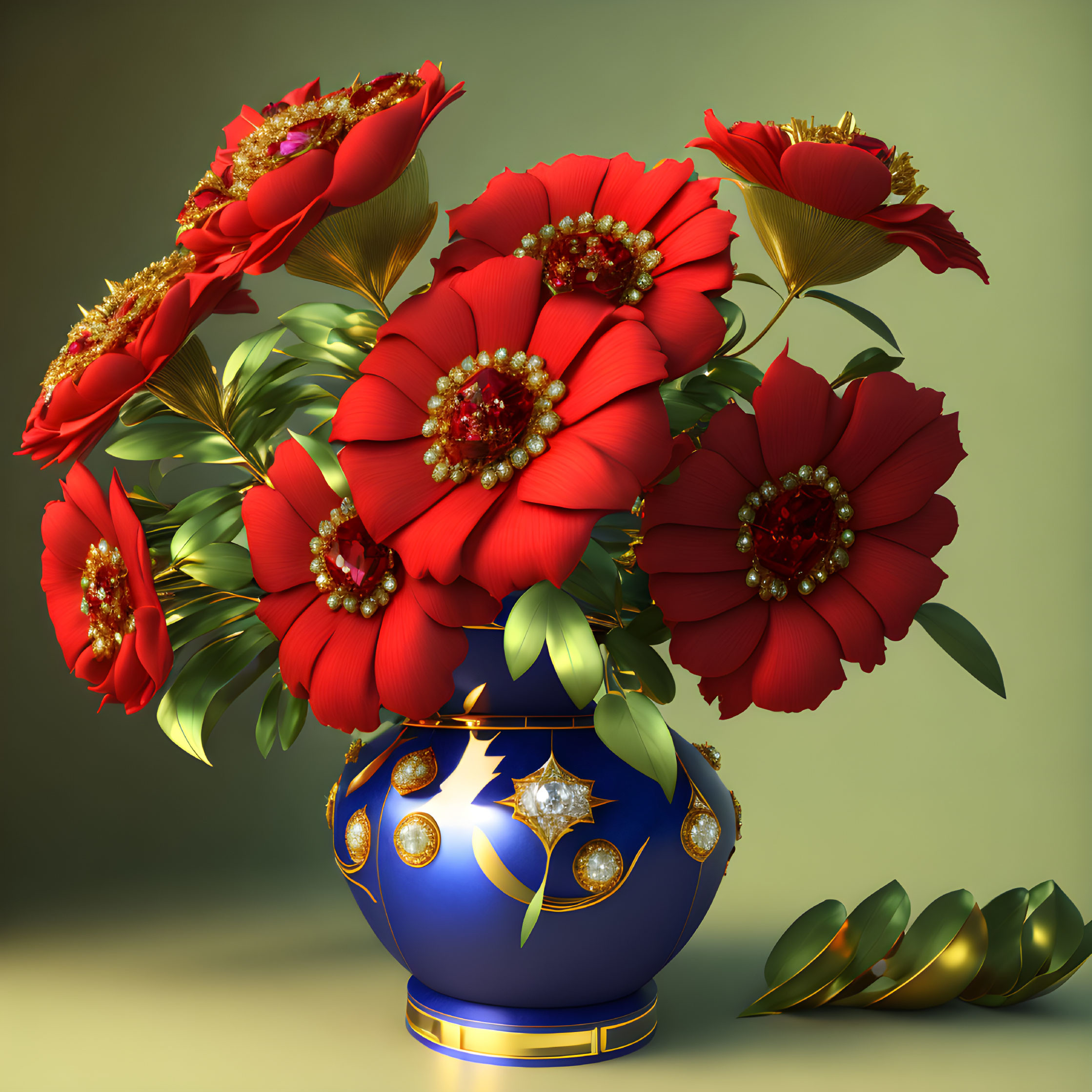 Vibrant red flowers in royal blue vase with gold accents on green background