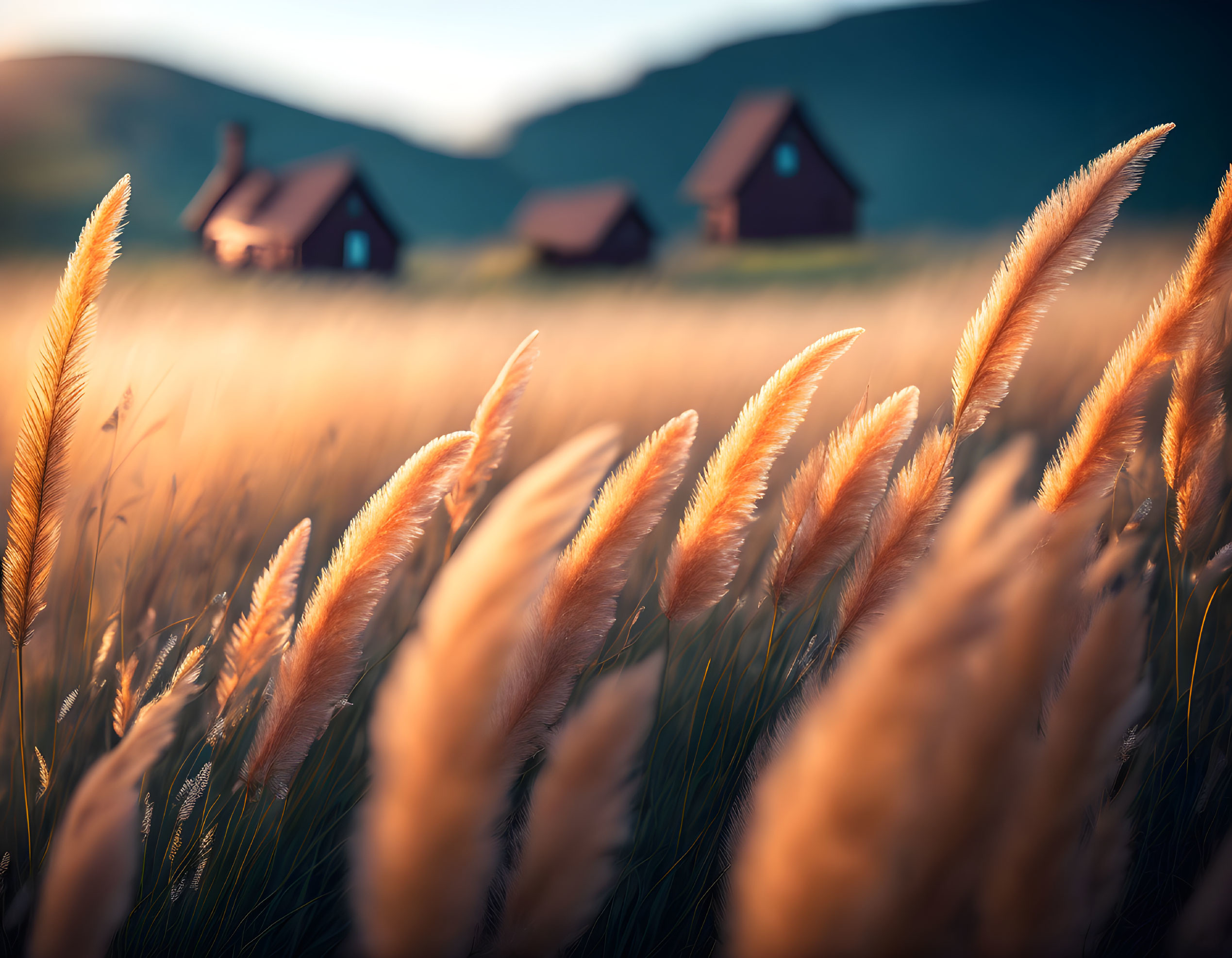 Sunset light on tall grass field with houses on hill in background