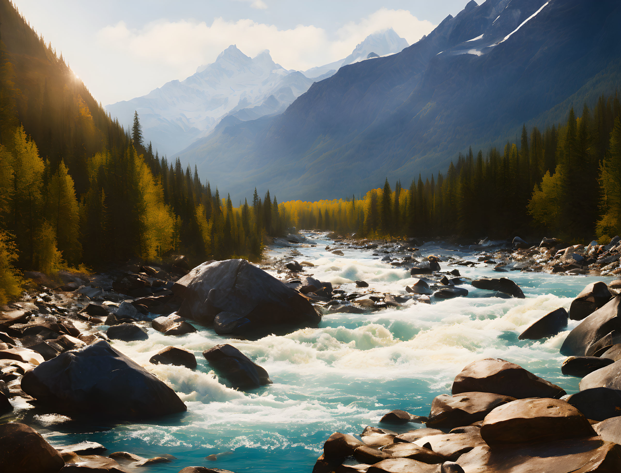 Scenic river flowing through rocky landscape with snow-capped mountains