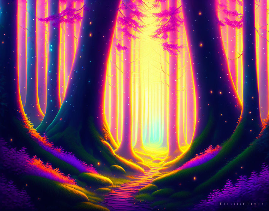 Neon-lit fantasy forest path with mystical portal