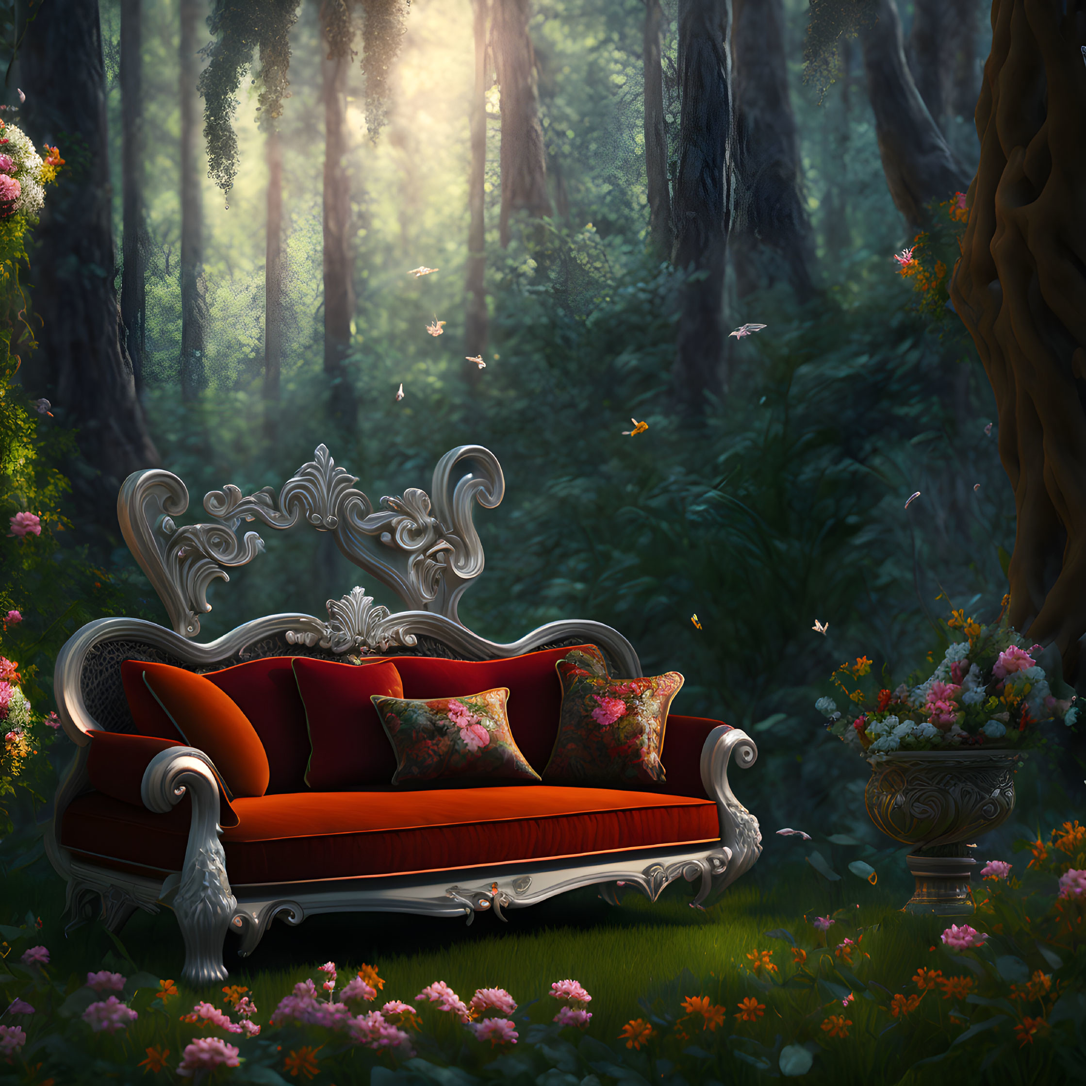 Vintage Red Sofa in Mystical Forest with Butterflies and Flowers