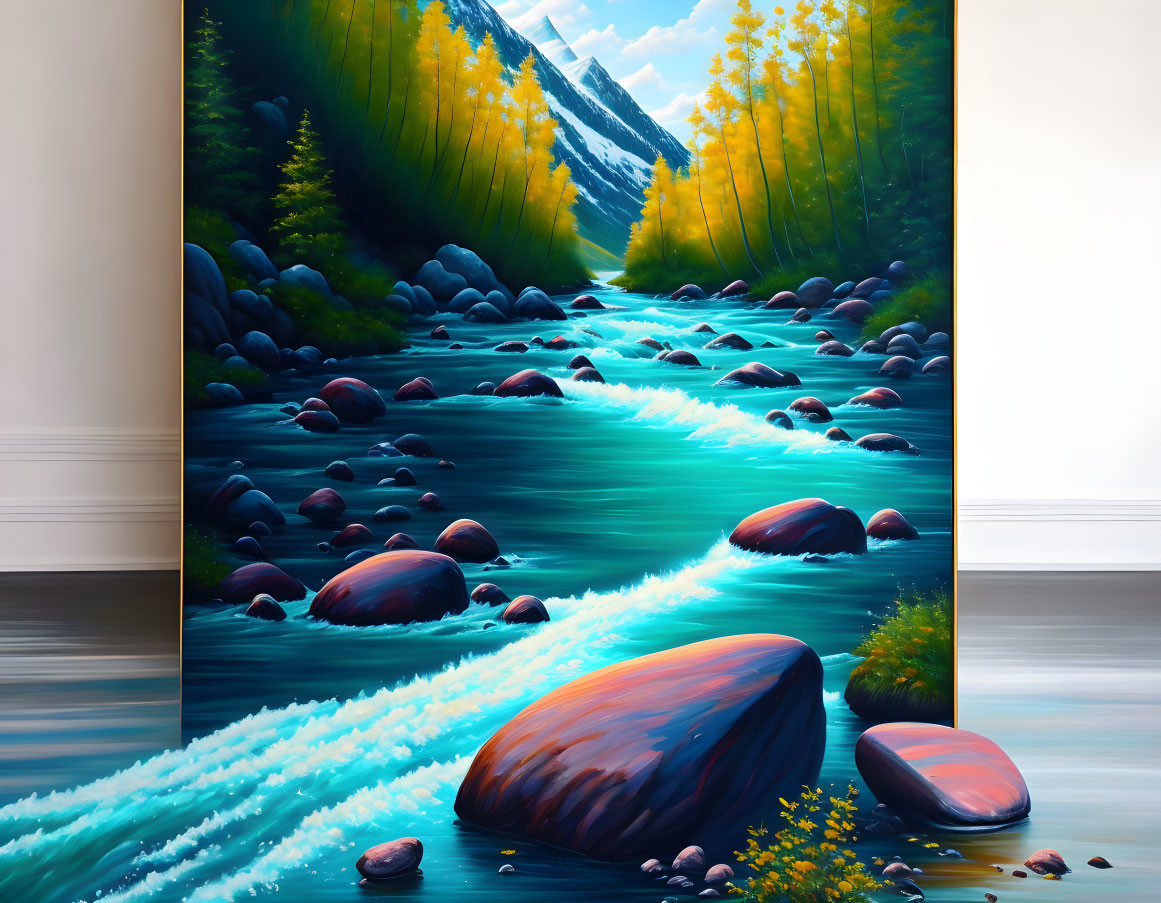 Mountainous Landscape Painting with Blue River and Golden Trees