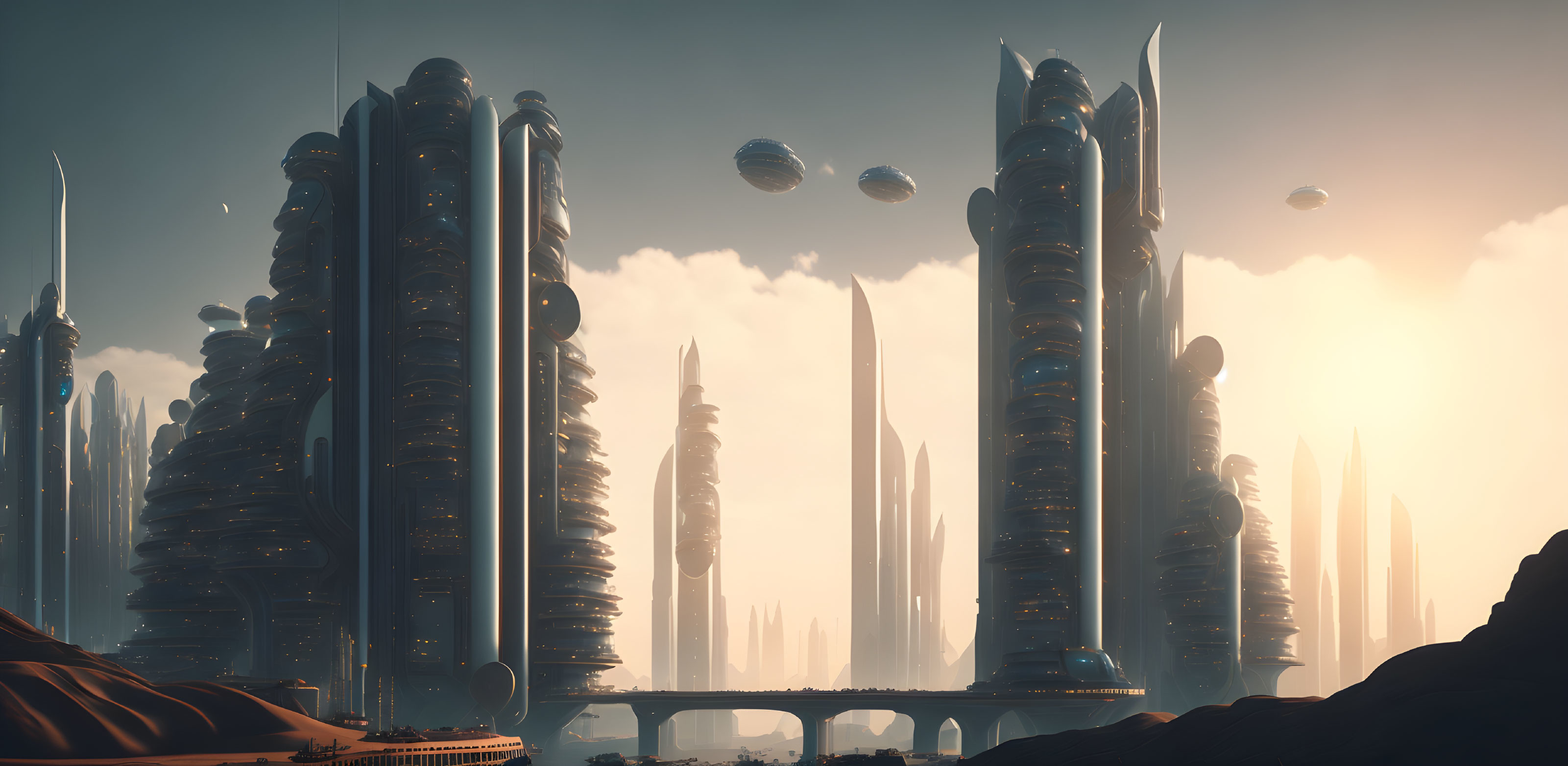 Sleek futuristic cityscape with tall towers, bridge, floating vehicles