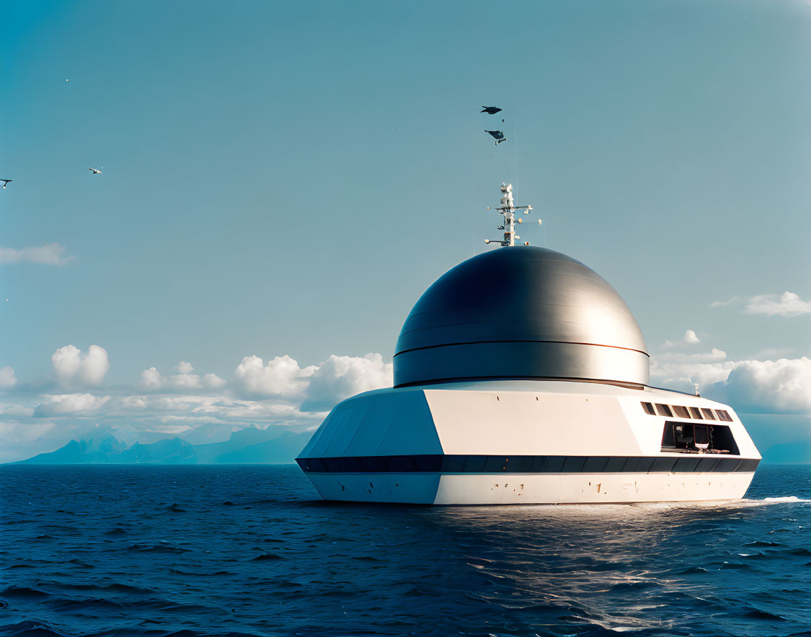 Modern yacht sailing on clear blue waters with birds and distant mountains.