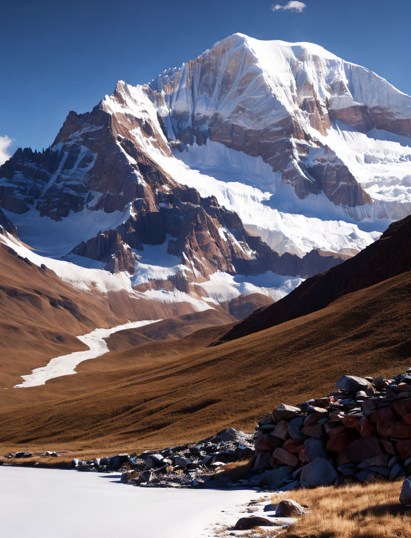 Snow-Capped Mountain with Rock Faces and Frozen Tarn