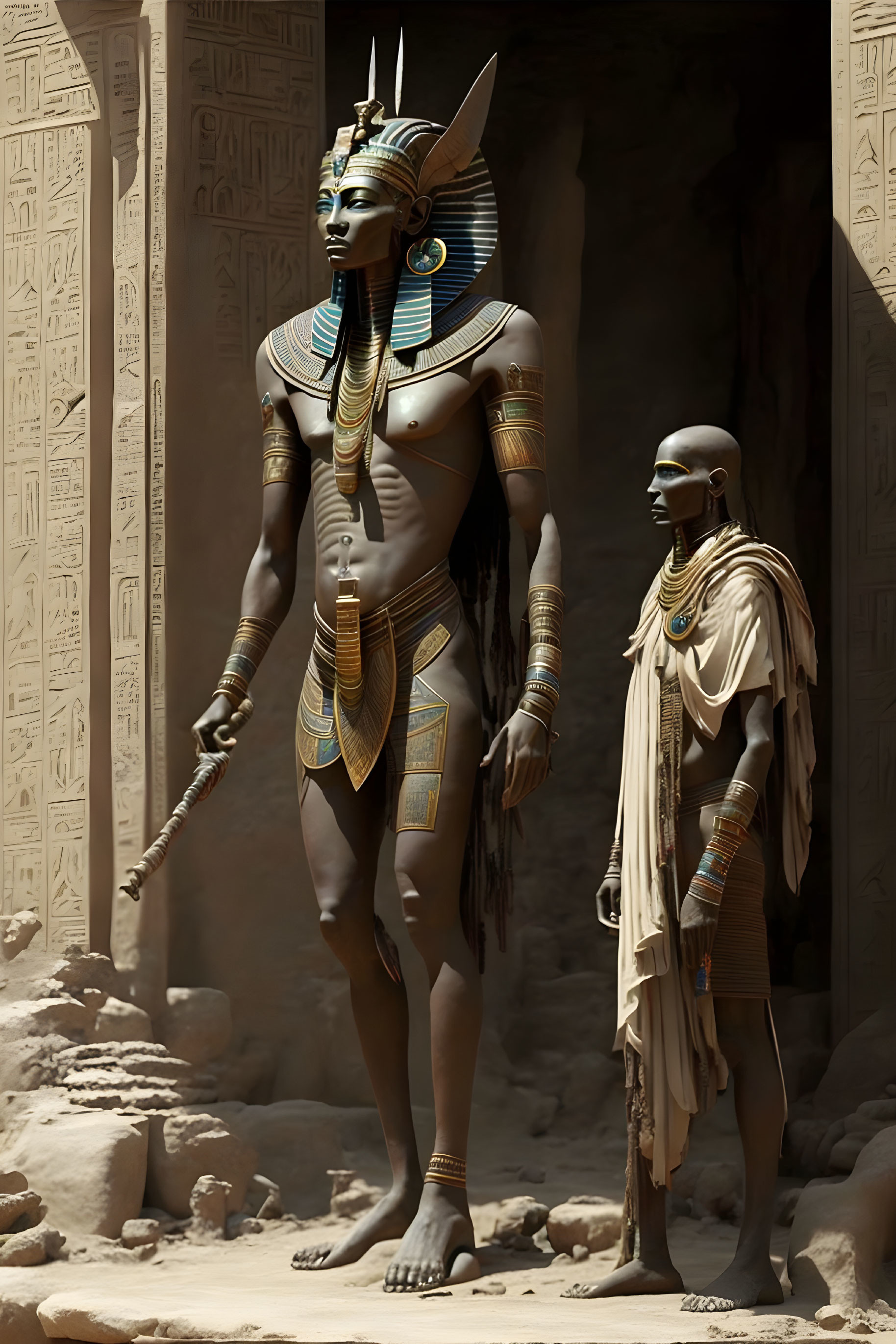 Ancient Egyptian statue with headdress and jewelry beside smaller figure against temple walls