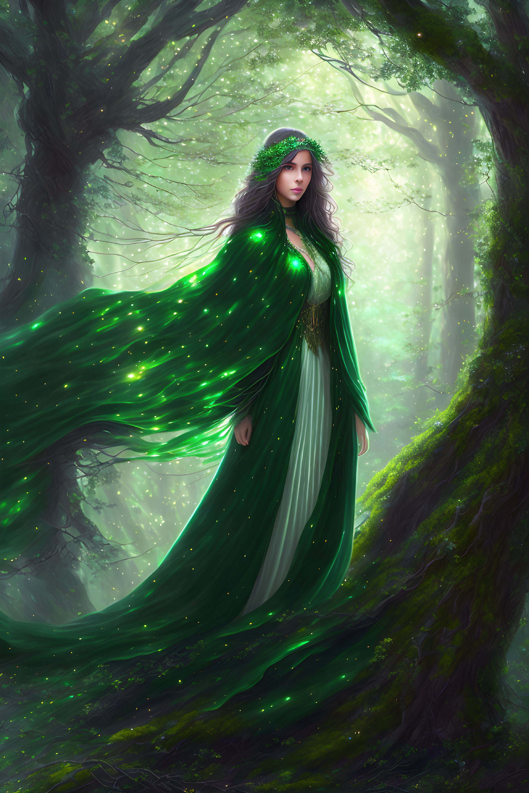 Woman in Green Cloak Stands in Ethereal Forest