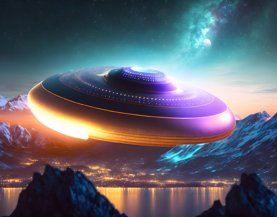 Futuristic UFO over mountain landscape at night