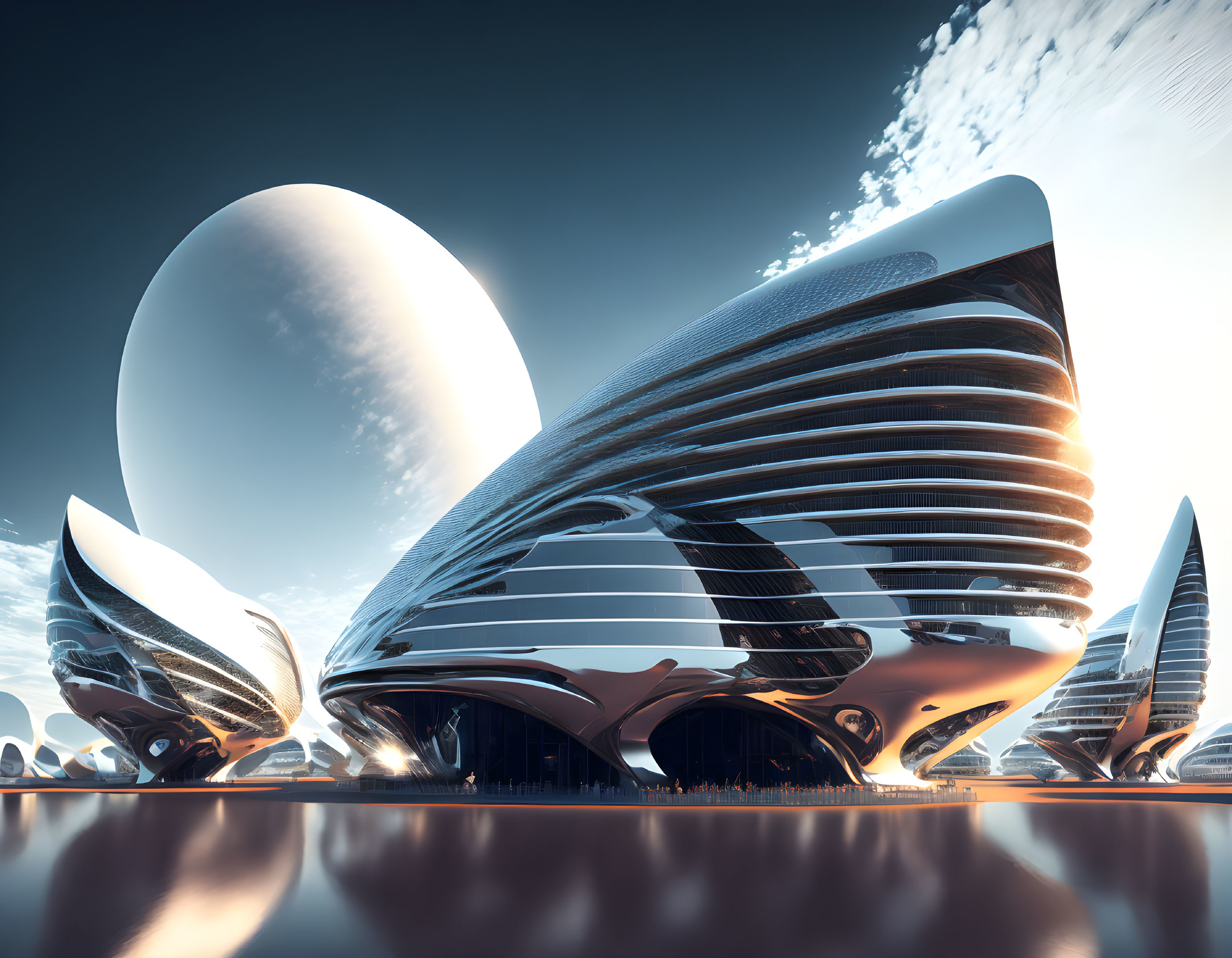 Sleek, curving buildings in futuristic cityscape under large moon