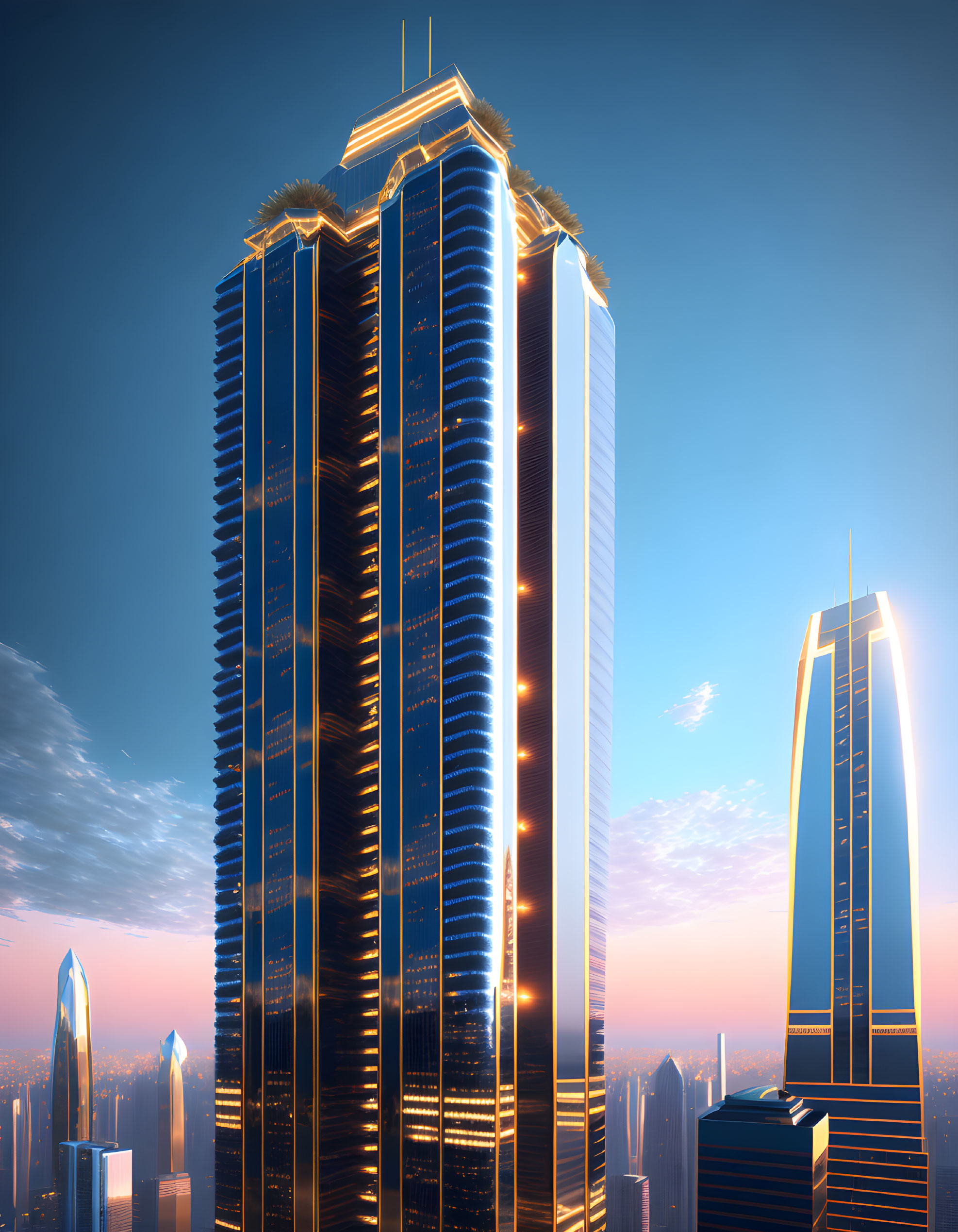 Glowing Outlined Skyscrapers in Futuristic Cityscape