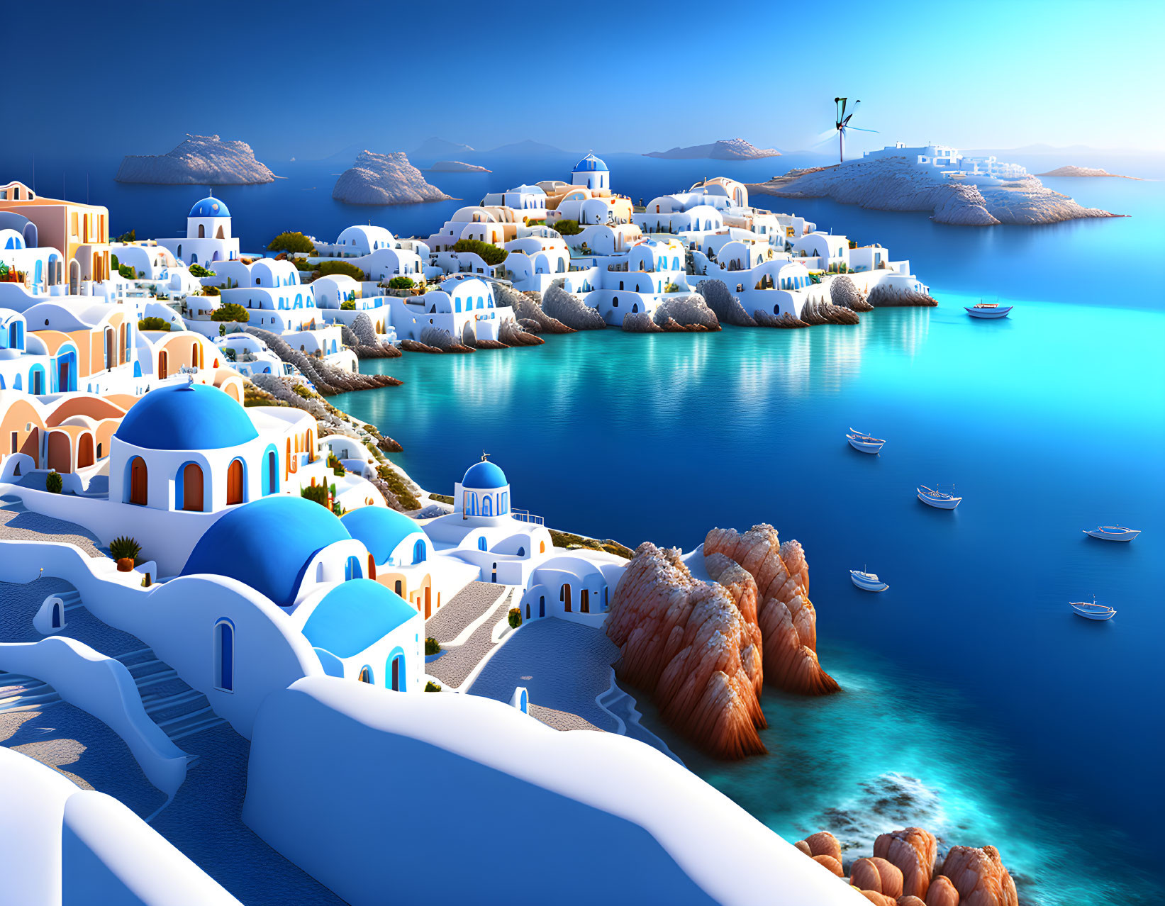 Greek Island Village: White Buildings, Blue Domes, Windmill, Serene Sea