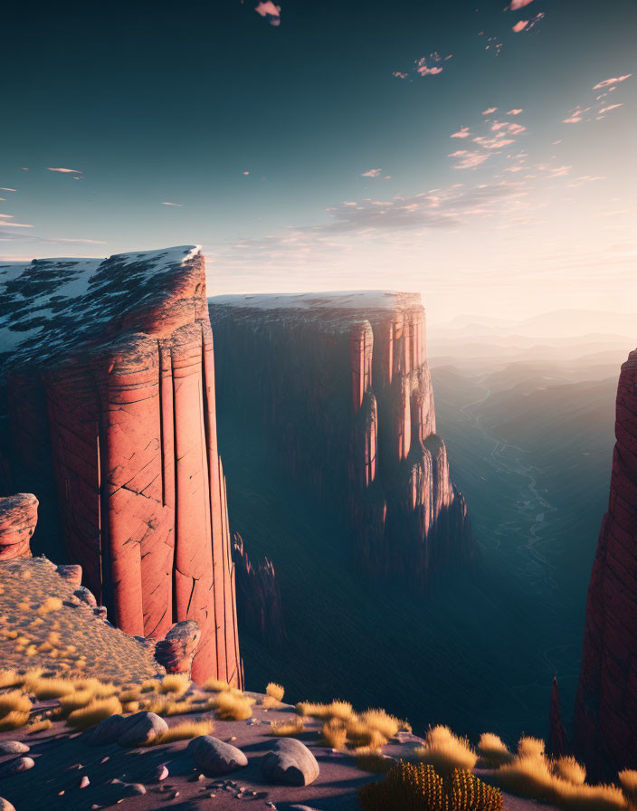 Red cliffs, yellow flora, and vast canyon landscape.