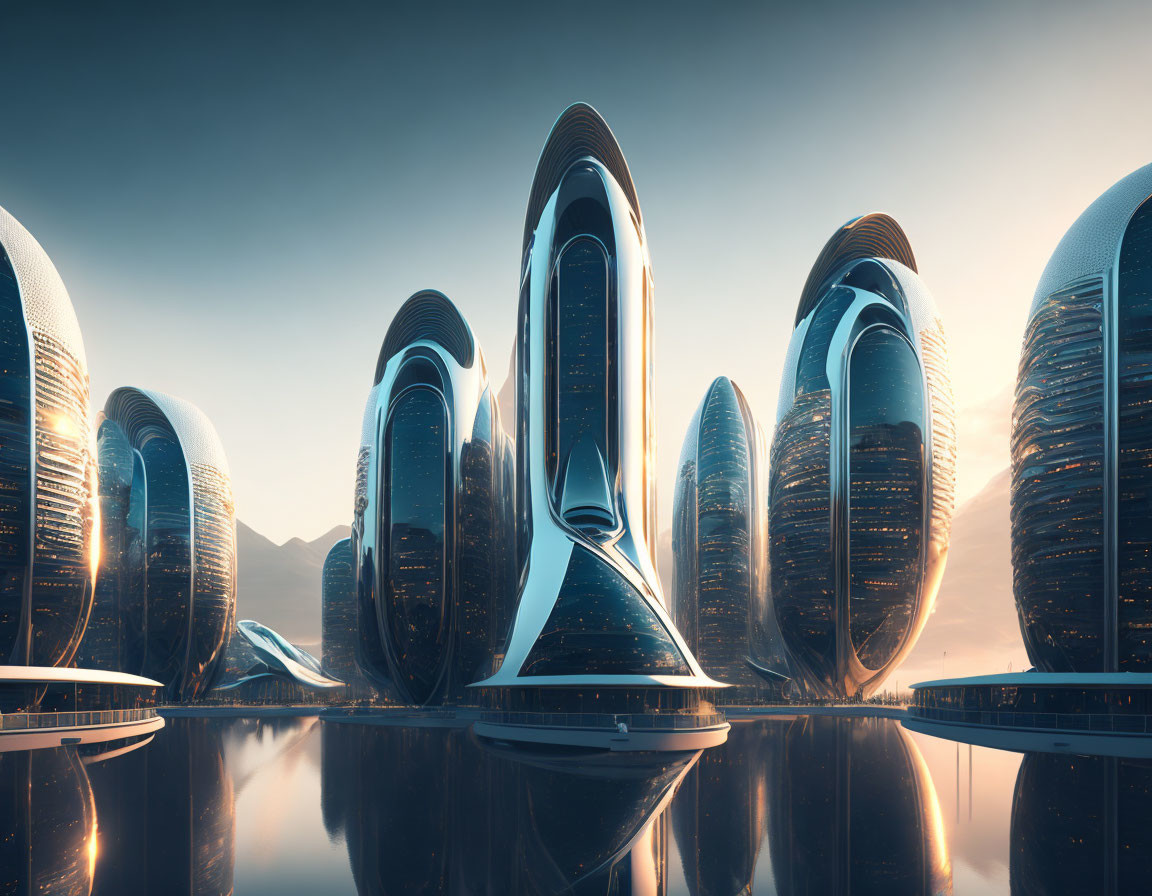 Sleek curved skyscrapers in futuristic cityscape at sunrise or sunset