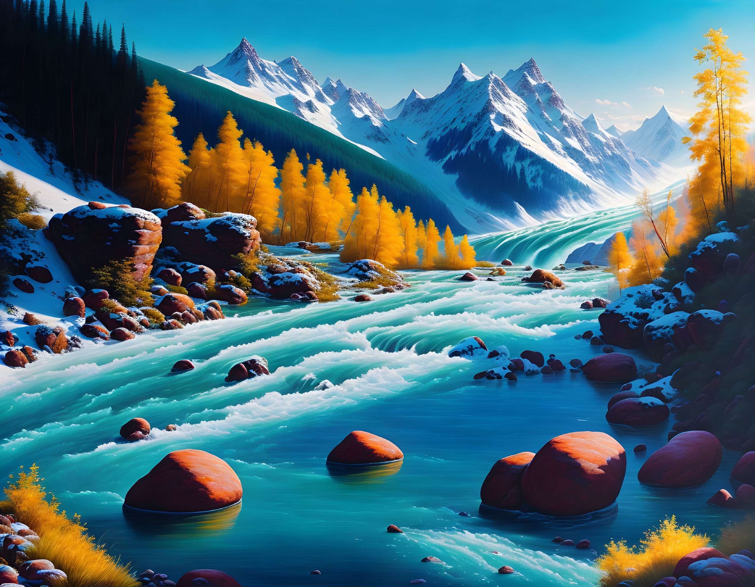 Scenic digital art landscape of river, trees, and snowy mountains