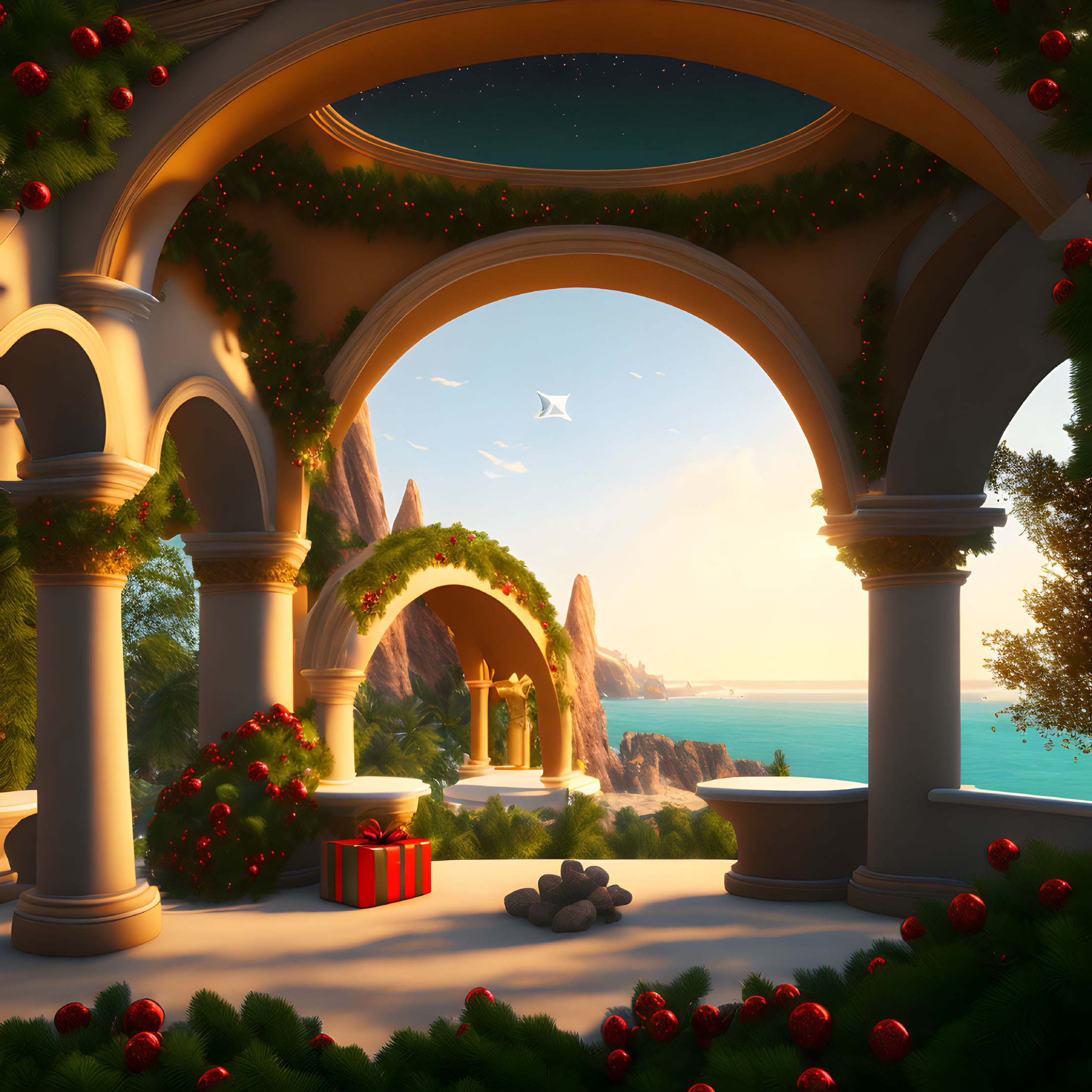 Festive holiday archway on tranquil beach at dusk