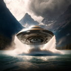 Metallic UFO hovers over serene landscape with mountains, water, and mist