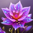 Vibrant purple flower with yellow center and water droplets on dark background