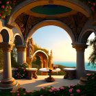 Festive holiday archway on tranquil beach at dusk