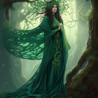 Woman in Green Cloak Stands in Ethereal Forest