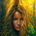 Digital Artwork: Woman with Golden Hair and Green Eyes in Autumn Setting