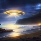 Mysterious UFO over serene beach at night with glowing rocks