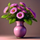 Pink and Purple Flowers in Glossy Purple Vase on Warm Background