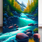 Colorful River Flowing Through Forest Wall Art with Cushions in Room