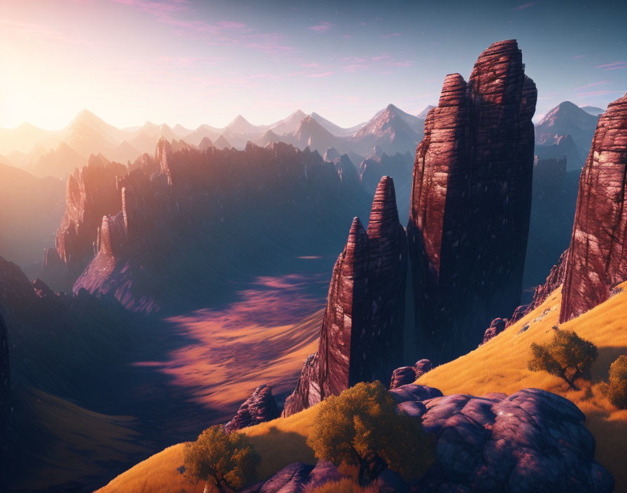 Majestic rock formations in serene landscape with purple mountains at sunrise