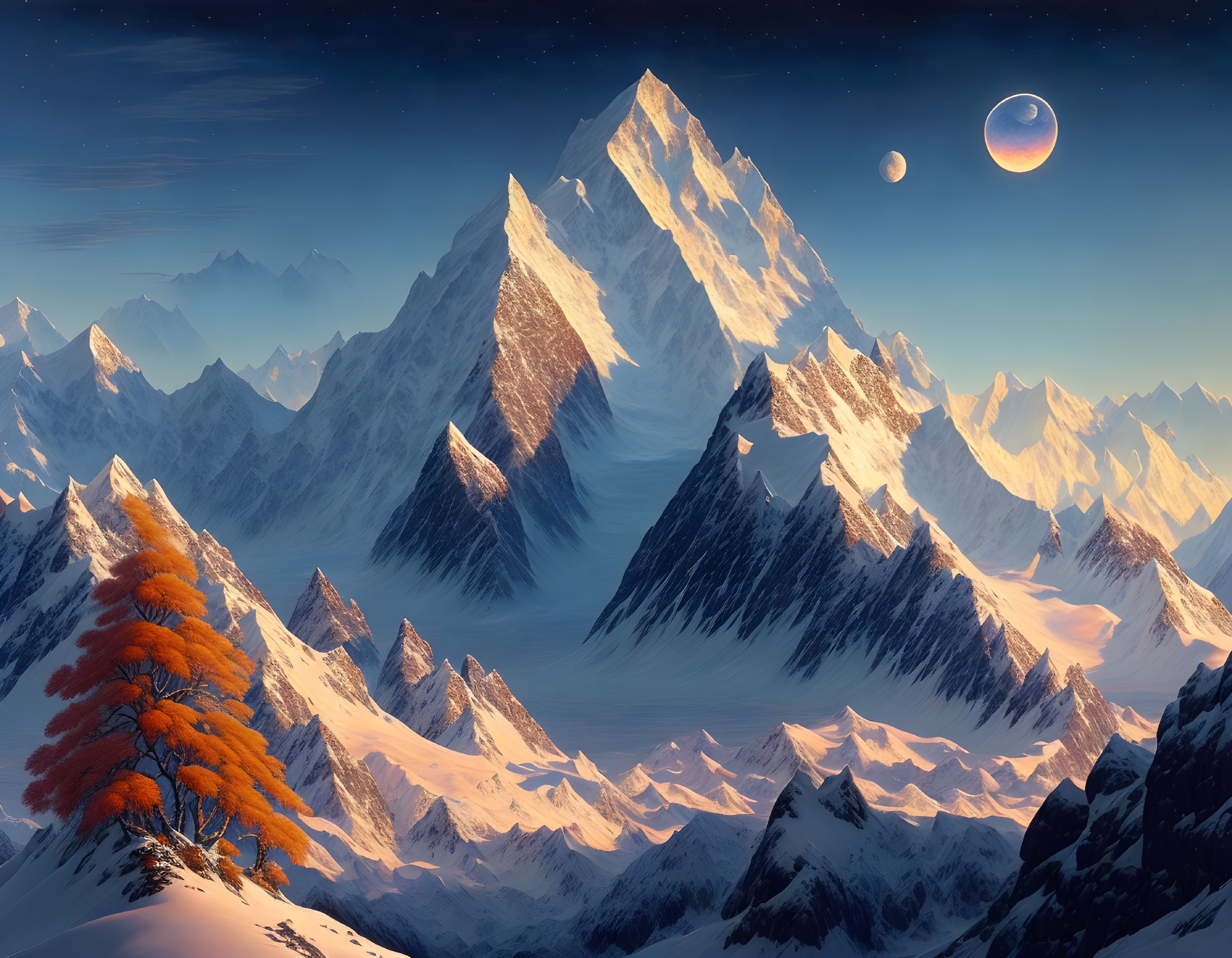 Snow-capped mountains, twilight sky, two moons, and autumn tree landscape.