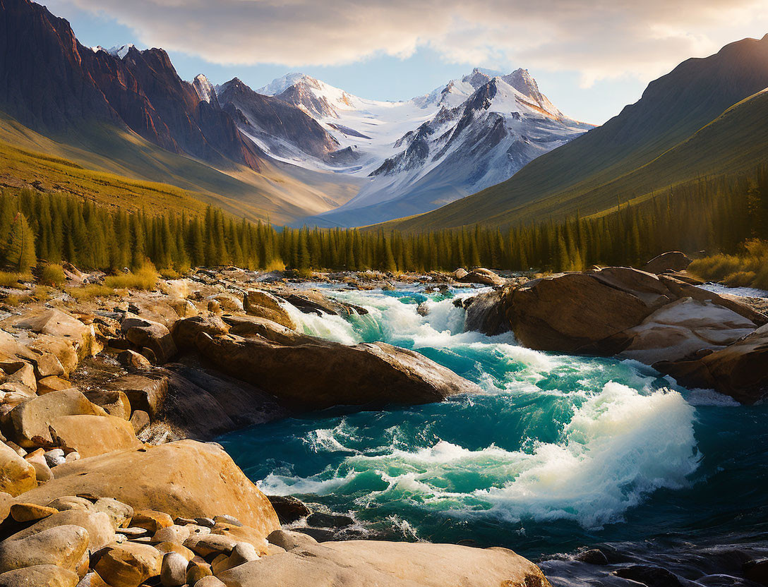 Scenic Mountain Landscape with Turquoise River and Snow-Capped Peaks