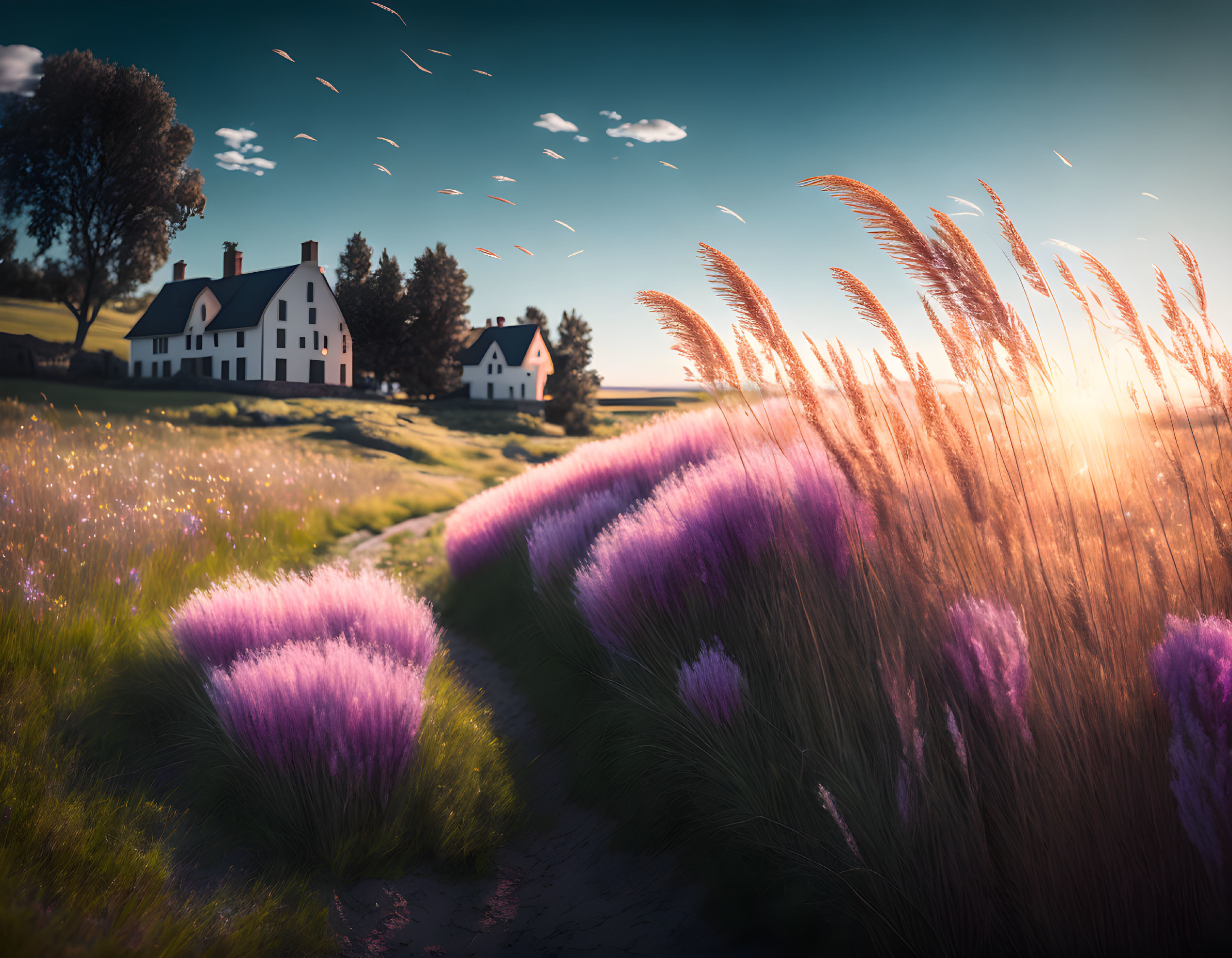 Scenic rural landscape with purple wildflowers, white houses, and circling birds