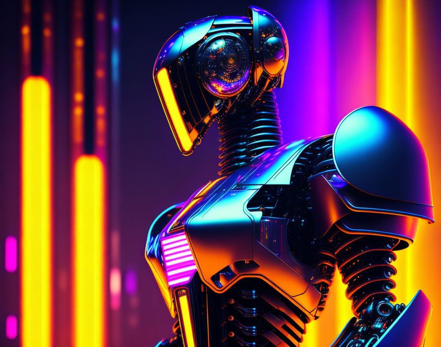 Reflective futuristic robot against vibrant neon lights